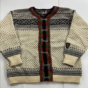 413. Women’s Dale of Norway Cream and Black Cardigan with Multicolor Accents (M)